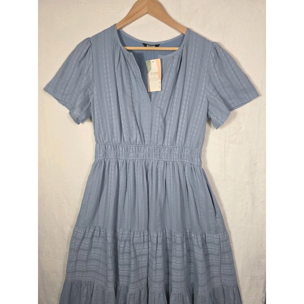 BTFBM Women's Light Blue Cotton Tiered Midi Dress Puff Sleeve Lined Size L NWT - Picture 5 of 15